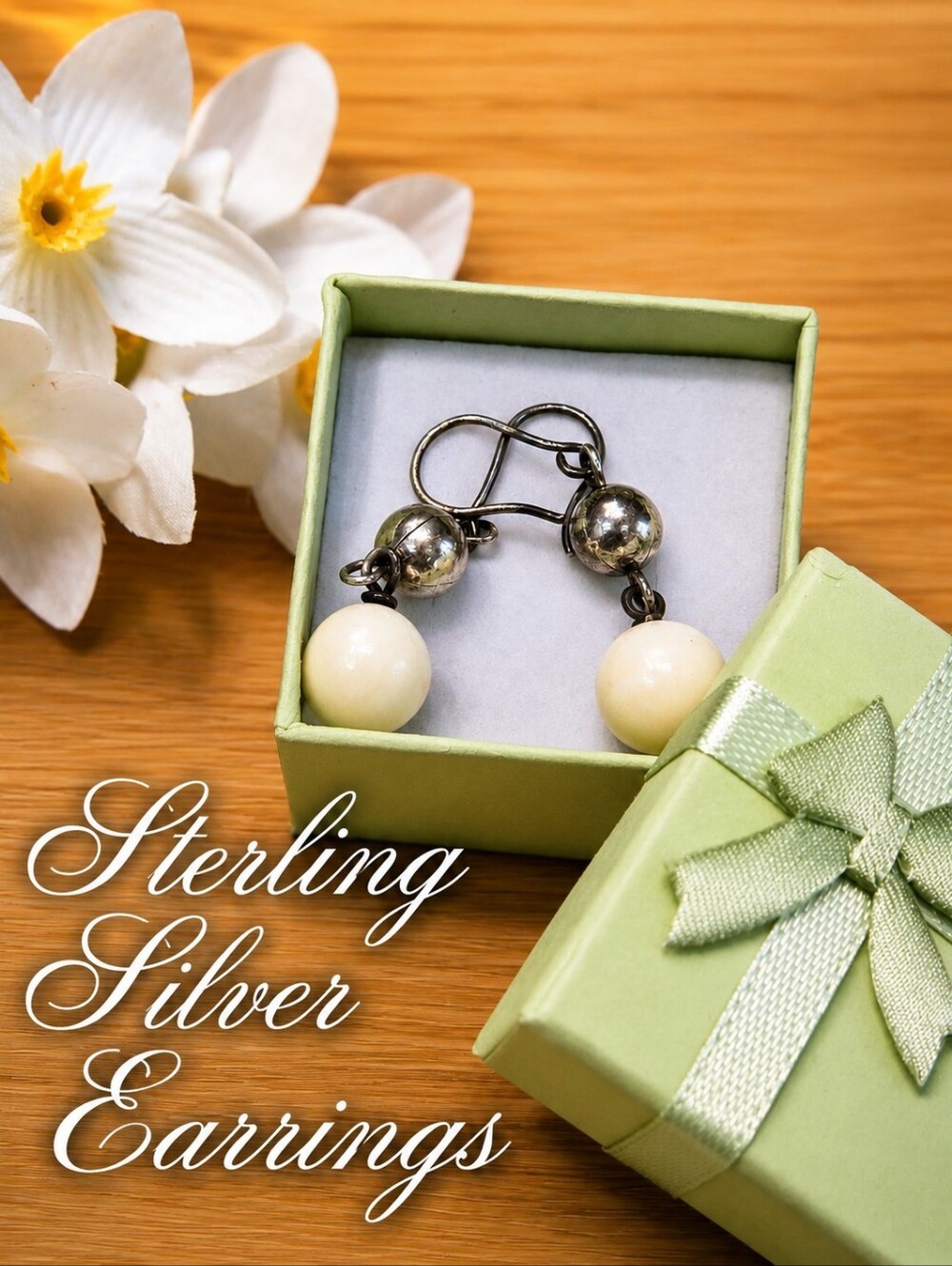 Sterling Silver White Bone Bead Drop Earrings